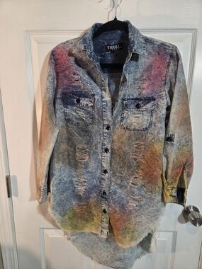 Thrill Jeans Oversized Tie Dye Acid Wash Distressed Button Down Shirt